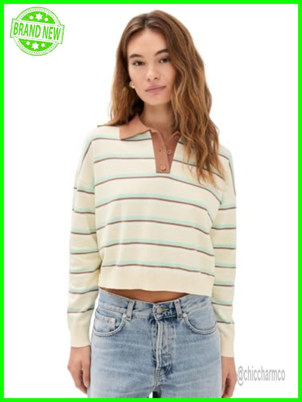 Women's Cropped Long Sleeve Polo Sweater Pullover Midweight Knit